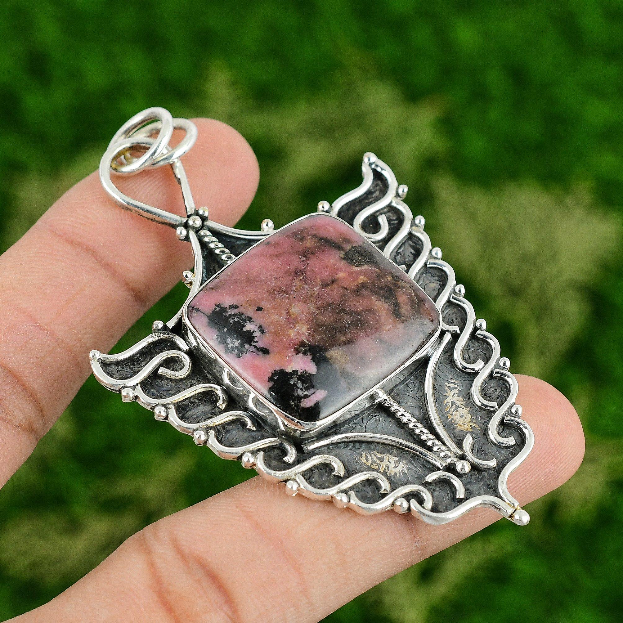 

Daughters Day Sale Heart Chakra Rhodonite Gemstone 925 Silver Handmade Pendant