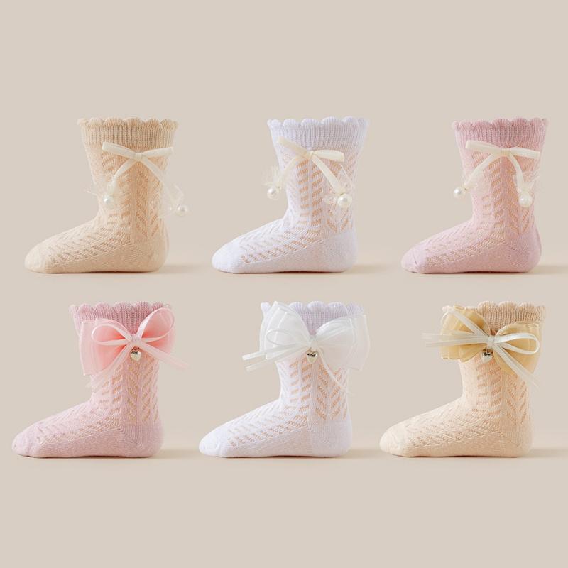Blotona Toddler Socks for Girls Hollow-Out Cute Bowknot Anti-Skid Socks Mid-Calf Socks Summer Casual Thin Socks