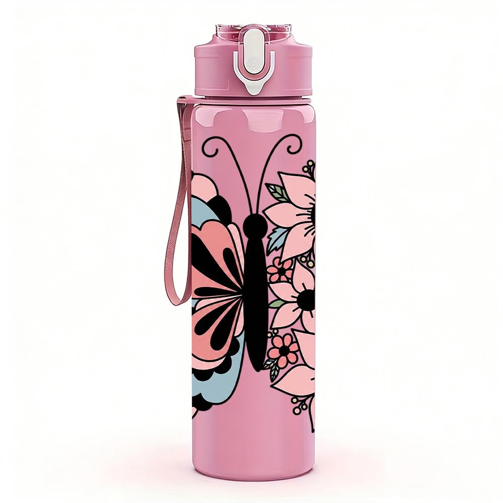 1PC Pink Daisy Border Butterfly 750ml Color Plastic Sports Water Bottle Leakproof Flip Straw Lid Suitable for Sports Office Home Use