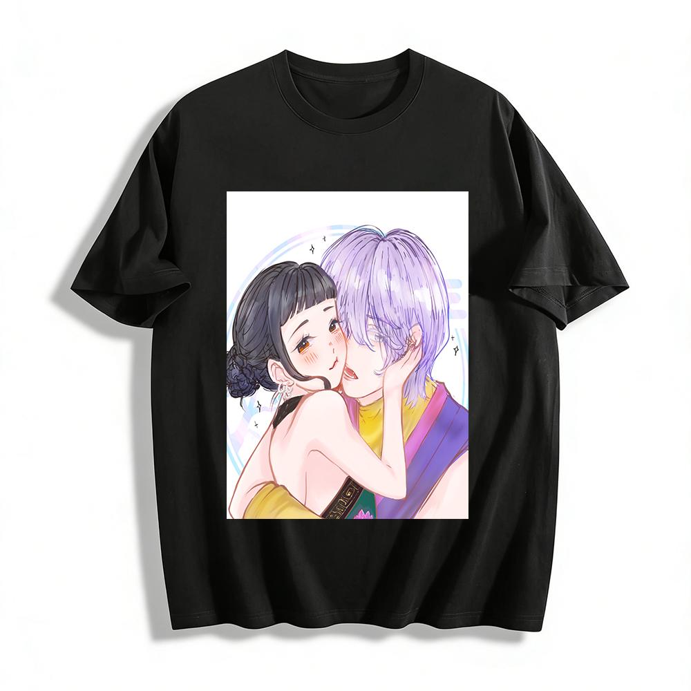 Anime Couple Print T-Shirt Casual Daily Top For Men And Women Cool Cartoon Graphic Tee Pure cotton T-shirt