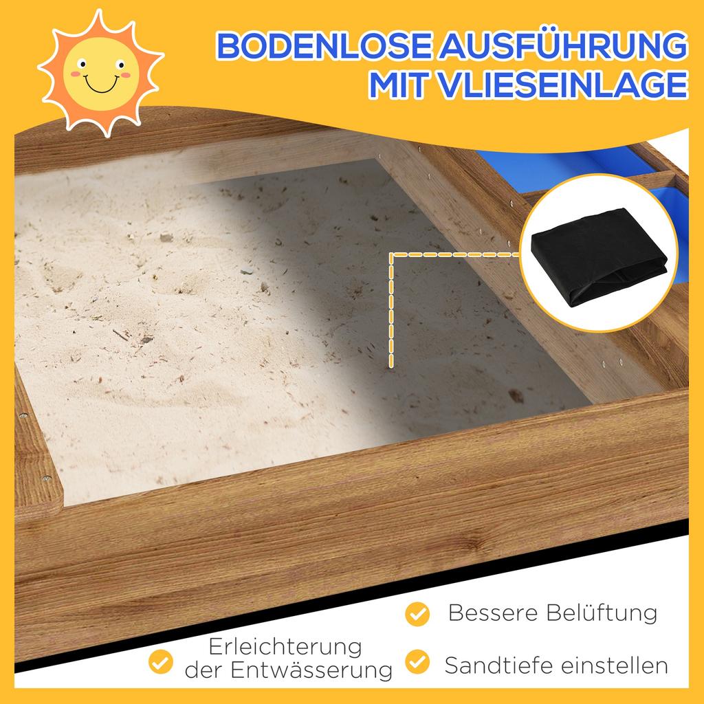 House-Designed Wooden Sandbox, Outdoor Sandpit, with Blackboard, Toys, Sink, Seats, Flags, for Ages 3-7 Years - Brown