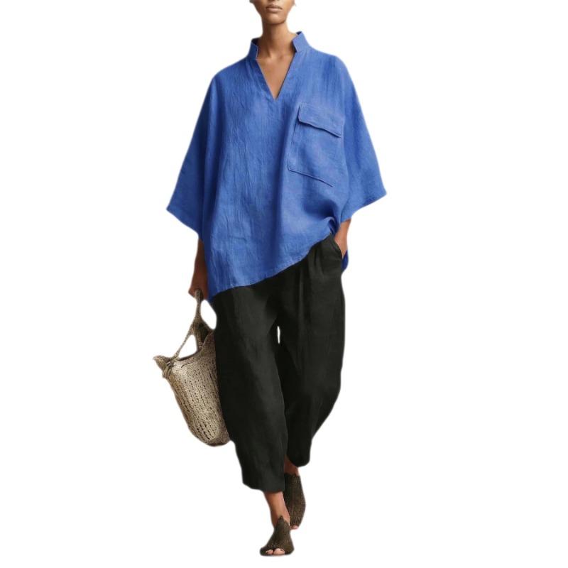 Women Loose V Neck Short Sleeve Cotton Linen Summer Shirt