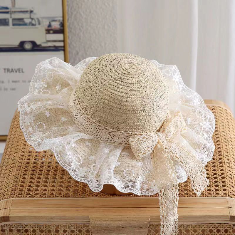 Chapeau de Paille d'Été pour Bébé Fille Couleur Unie Dentelle Volant Chapeau de Pêcheur pour Enfants Casquettes de Plage d'Extérieur Pare-soleil Chapeaux Bob à Large Bord