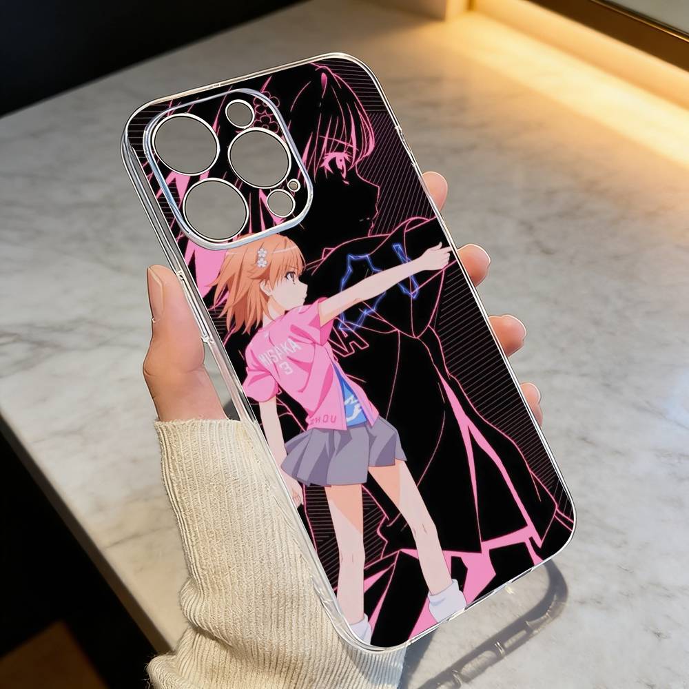 Misaka Mikoto Railgun Electric Warning Style Phone Case For iPhone 17 16 15 14 13 12 11 Mini Pro Max Plus Transparent Cover
