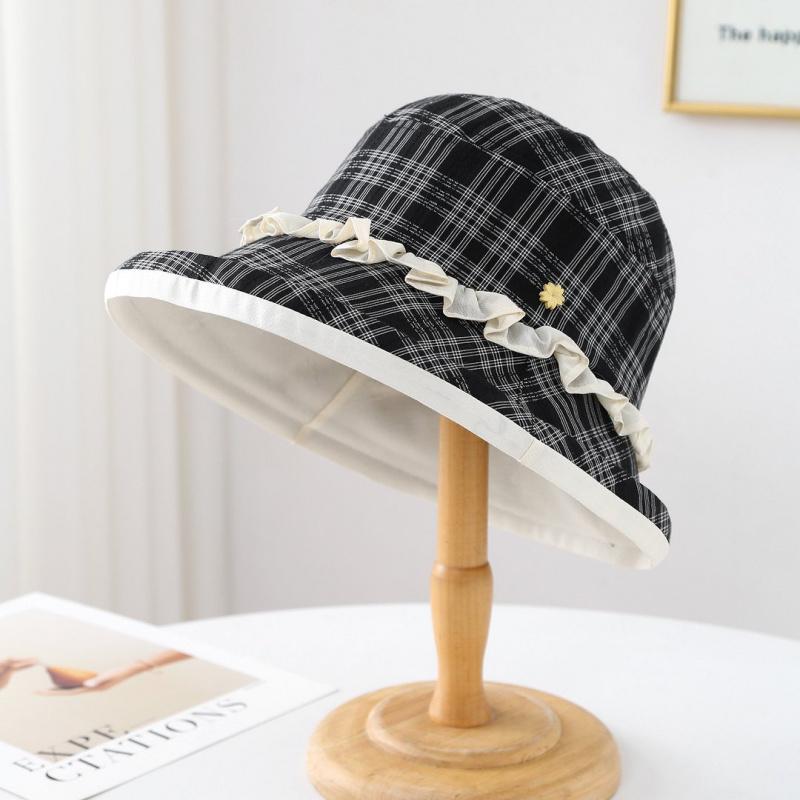 Chapéu de Pescador Xadrez Feminino Novo Primavera Verão, Aba Enrolada com Decoração de Renda, Chapéu Casual de Viagem