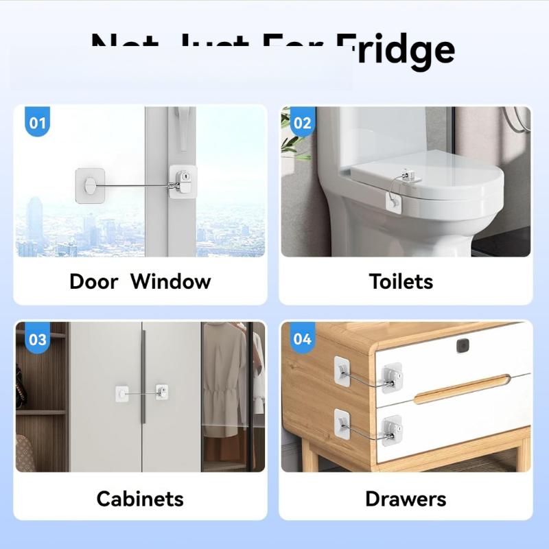 Combination Refrigerator Lock No Drill Adhesive Mount Heavy Duty Steel Cable for Home Kitchen Fridge Cabinet Drawer