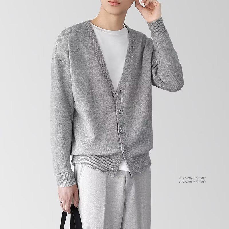 Men's V-Neck Knitted Cardigan - Business Casual Solid Sweater Jacket for Spring & Autumn.