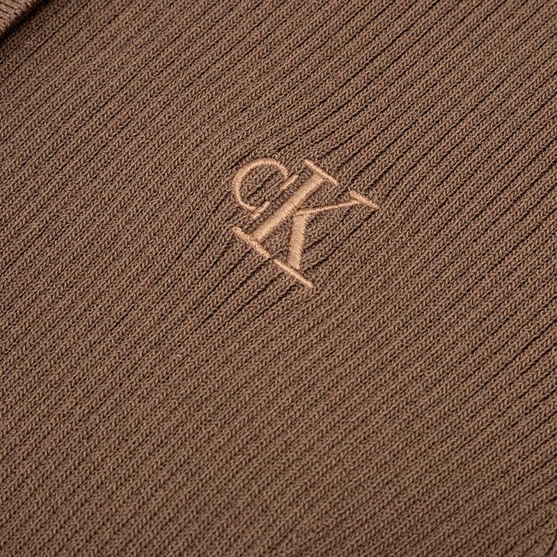 Calvin Klein Casual Embroidered Four-Button Knit Polo Long Sleeve Dress Women Dresses Dark-Gray-Brown J224574
