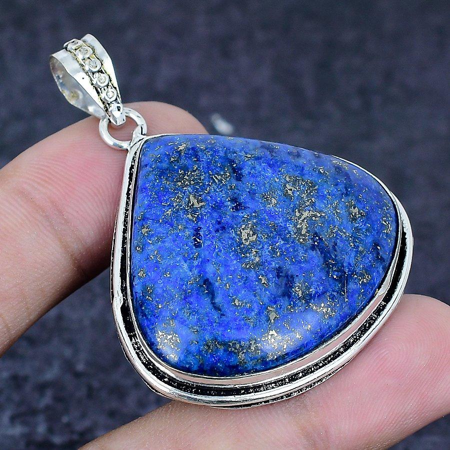 Natural Lapis Lazuli Gemstone 925 Sterling Silver Jewelry Pendant 2.13" D0t74