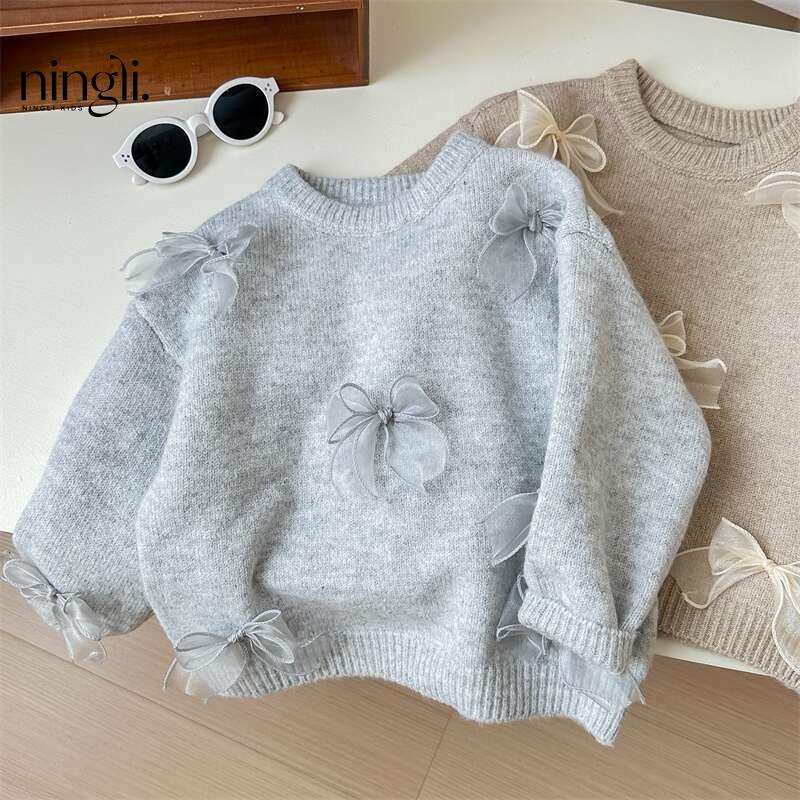 Korean Children Clothing Autumn Girl Baby Toddler Solid Bow Sweaters Winter Fashion Sweet Kid Princess Knitted Sweater