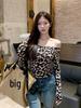 Spicy Girl Leopard Print One-Shoulder Slim-Fit Long-Sleeve Top