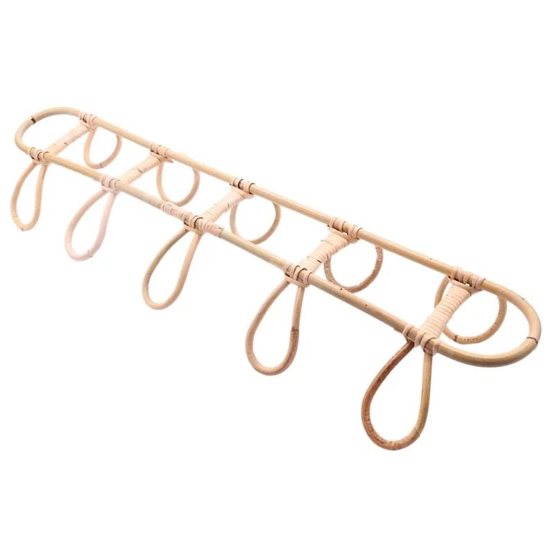 Clothes Hat Hanging Hooks 5-Hook Rattan Wall Hanger Garments Organizer Rack Wall Storage Decor Kids Room Wall Mounted Hanger