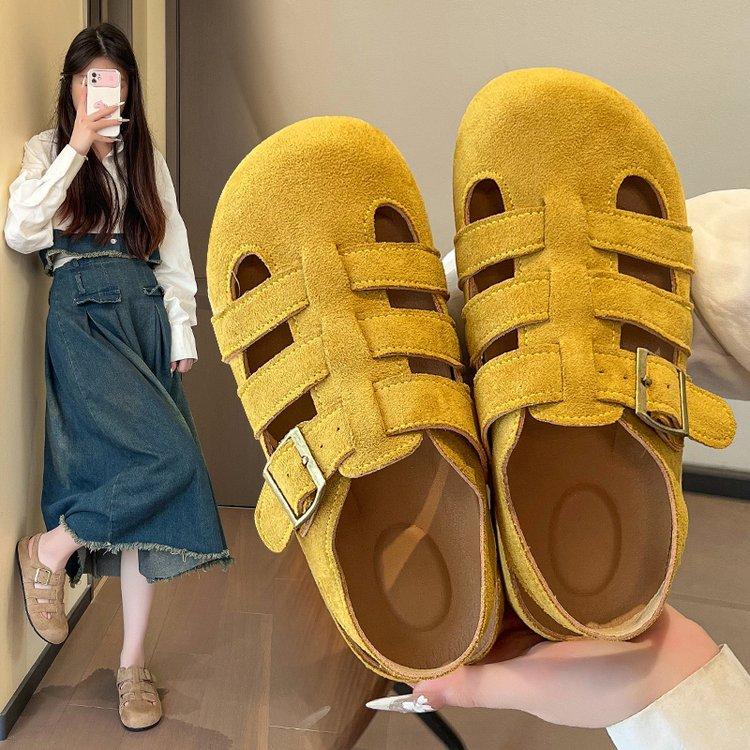 Spring and Autumn Korean Version of Fish Bone Casual Hollow Breathable Bag Head Boken Shoes Retro Lazy Pedal Roman Cool Slippers Women