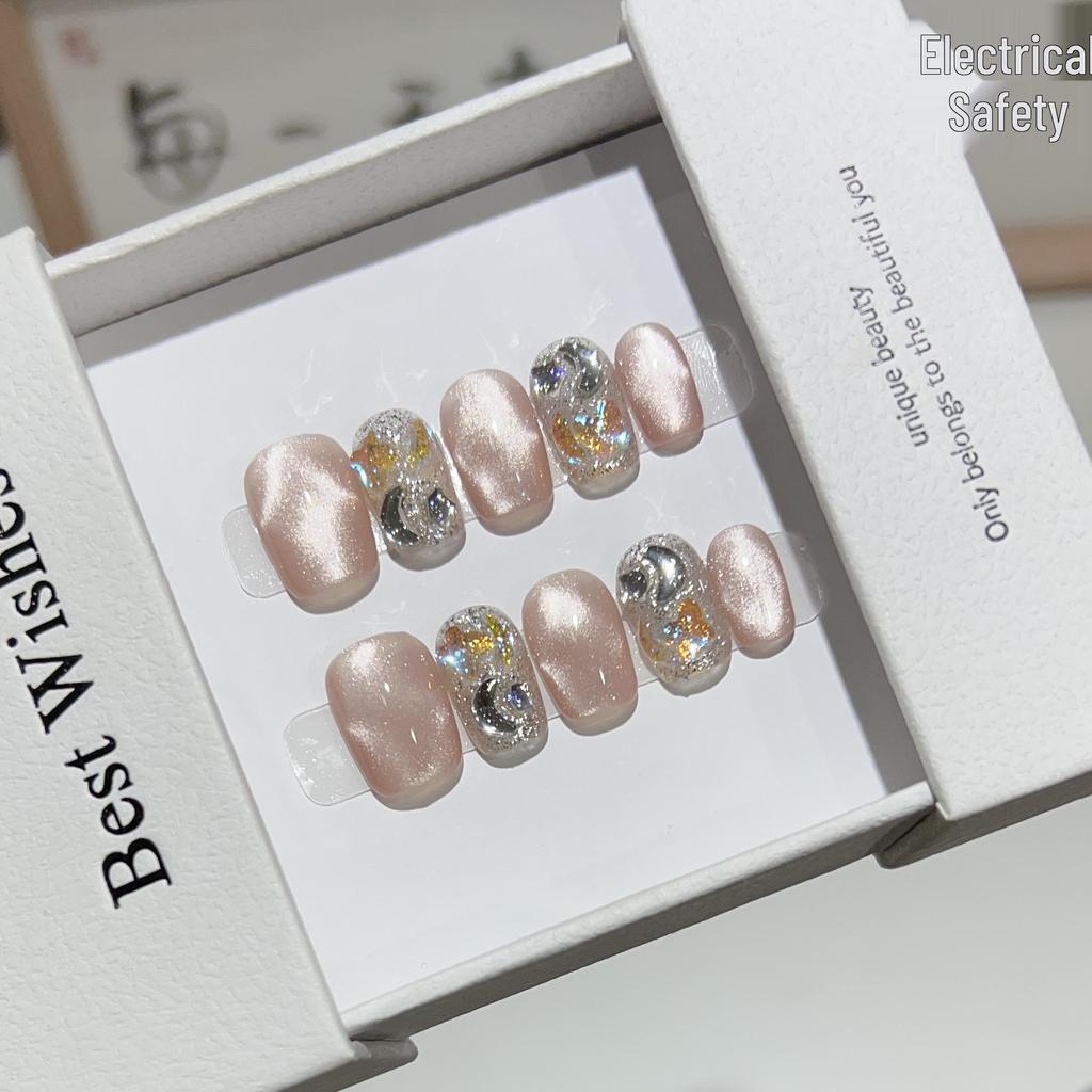 Handmade Water Ripple Cat Eye Press-On Nails with Rhinestones