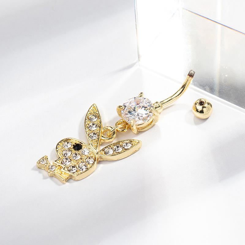 Rhinestone Cartoon Rabbit Stainless Steel Navel Ring with Zirconia