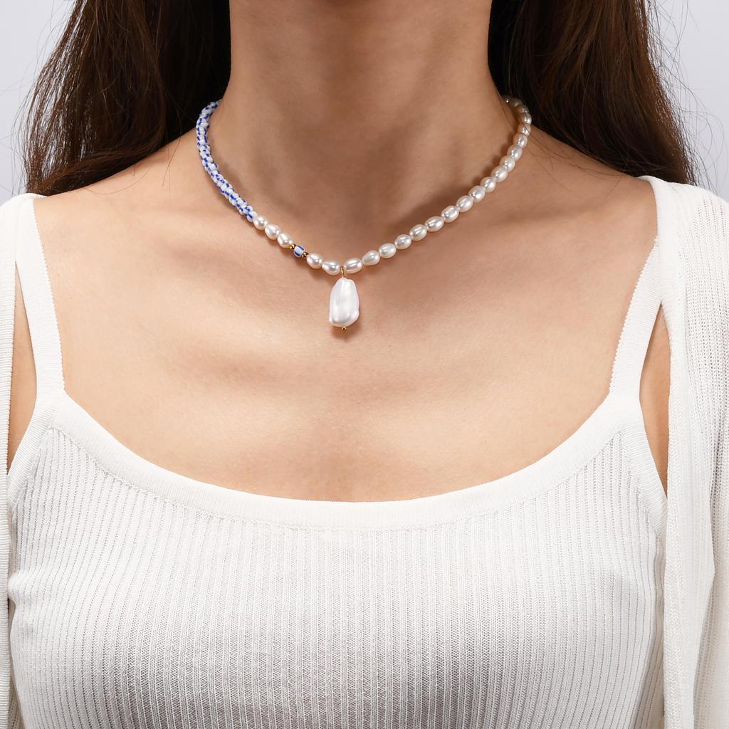 Fashion Freshwater Pearl Stripe Beads Necklace Real Baroque Pearl Pendant Handmade Jewelry Necklace Choker For Women Daily Gift