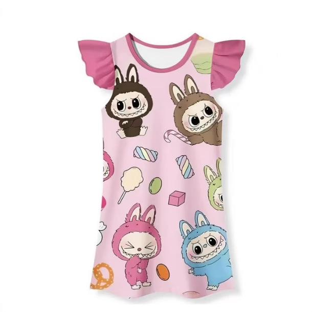 Summer new LABUBU cartoon cute children's nightdress short-sleeved ruffle edge thin digital print