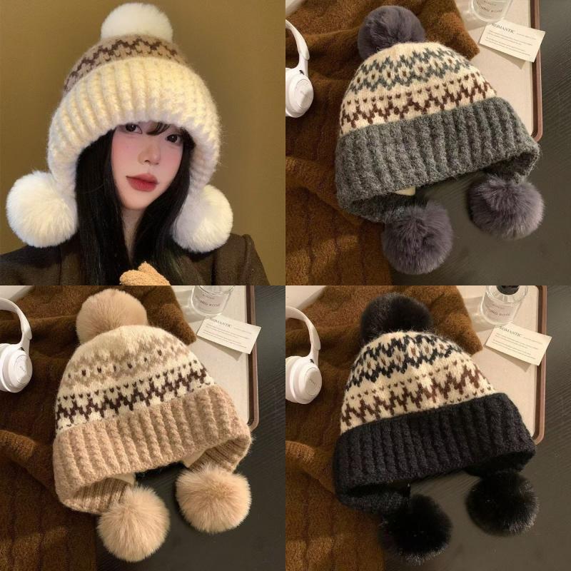 Bonnet Tricoté Rétro Style Îles Féroé pour Femmes Chapeau Chaud Automne Hiver Polyvalent Mignon Chapeau Oreilles Protection Pompon