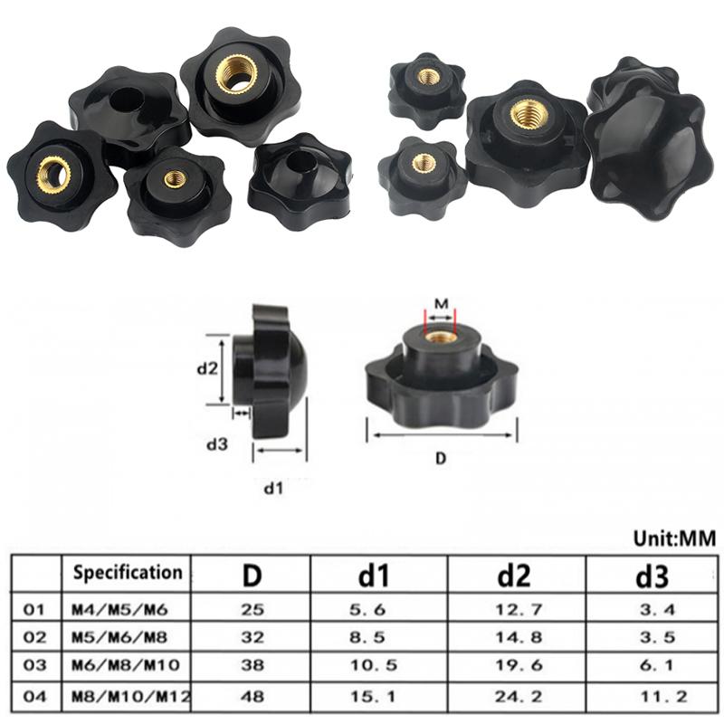 5PCS  Plum Hand Tighten Nuts Handle Thread Star Mechanical Black Thumb Nuts Clamping Knob Manual Nuts M4 M5 M6 M8 M10