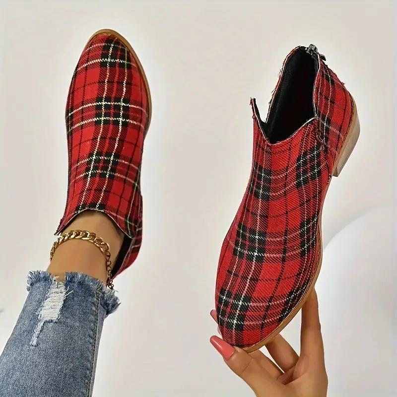 Fashion Ankle Boots Women's Christmas Plaid Print Zipper Retro Red Plaid Chelsea Boots Outdoor Platform Shoes Classic Side Booties