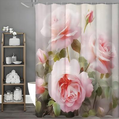 Rosa Rose Blumenduschvorhang, Dekorativer Duschvorhang für Badezimmer, Wasserdichter Duschvorhang mit Haken