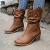 Damen Slouch Westernstiefel, Retro Einfarbig V-Ausschnitt Klobige Absätze Schuhe, Lässige Schlupf-Kurzstiefel