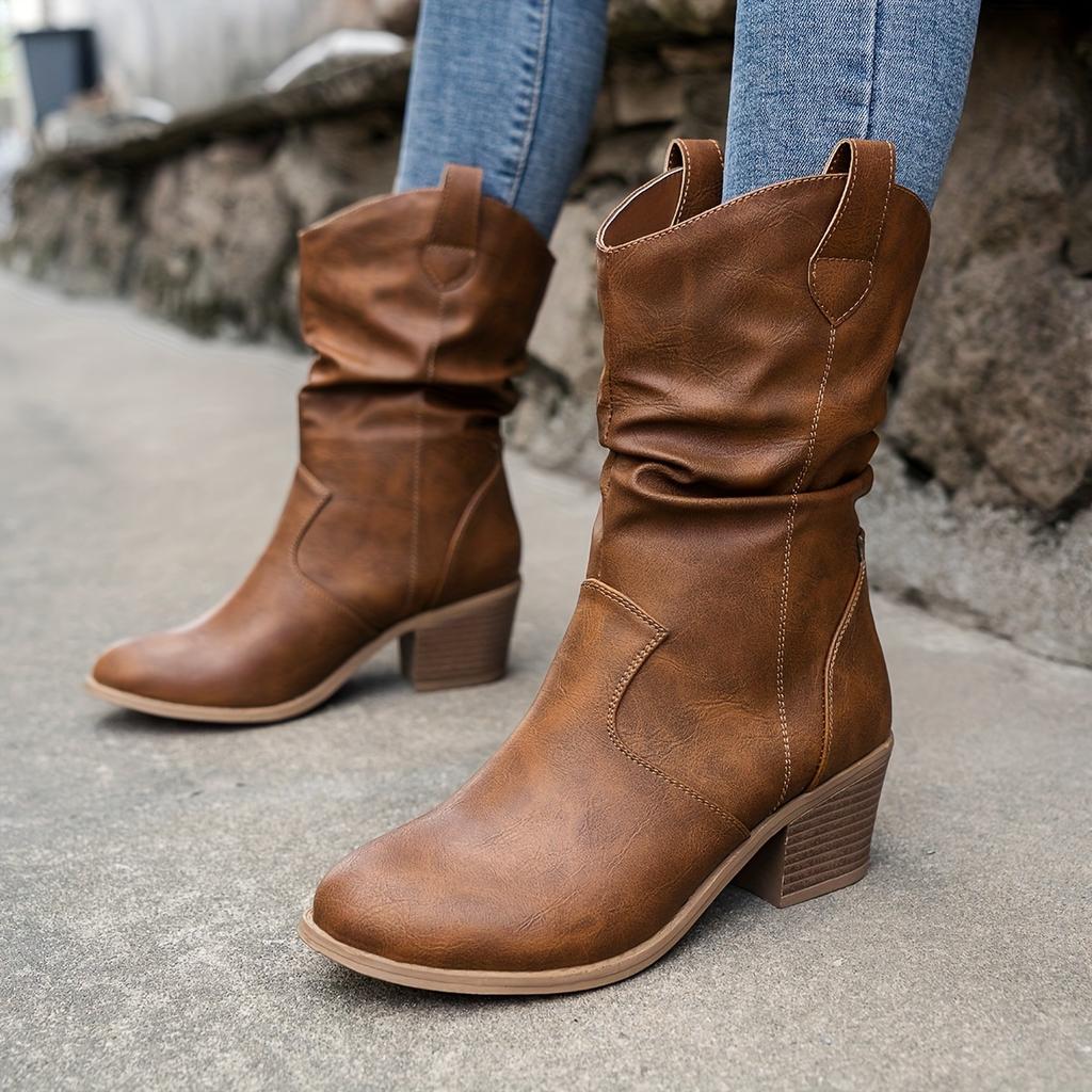 Damen Slouch Westernstiefel, Retro Einfarbig V-Ausschnitt Klobige Absätze Schuhe, Lässige Schlupf-Kurzstiefel