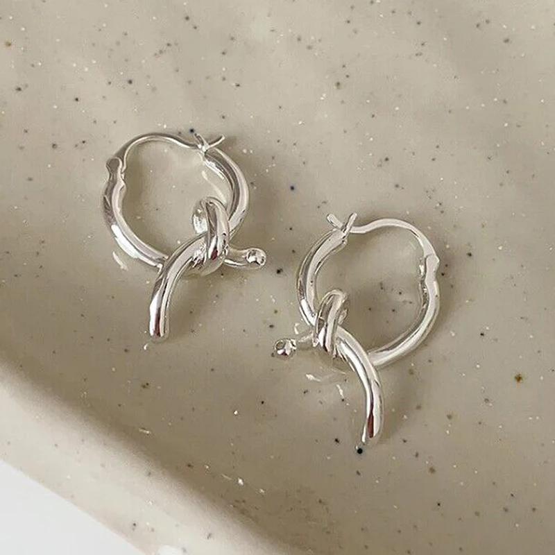 PONYKISS  Sterling Silver Minimalist Knot Geometric Hoop Earrings for Women Trendy Fine  Light Luxury Accessories