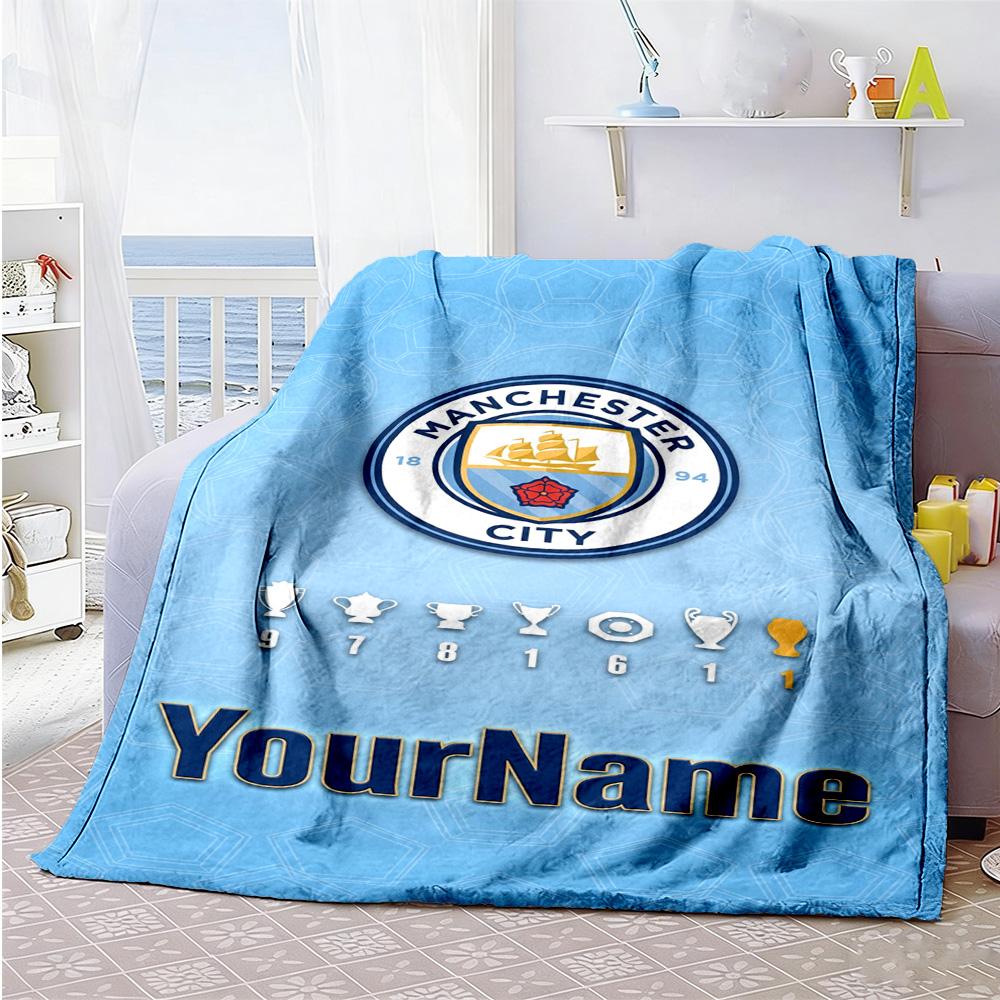 Manchester City Personalized Text Blanket Lightweight Customizable Blanket Ultra-Soft Suitable for Living Room Office Chair Bed Picnics