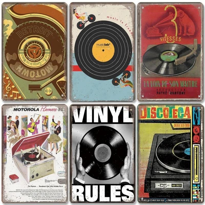 Vintage Kovové Plechové Značky Retro Hudební Plakáty Vinylová Deska Gramofon Kovová Plaketa Nástěnná Dekorace pro Kavárnu Bar Klub