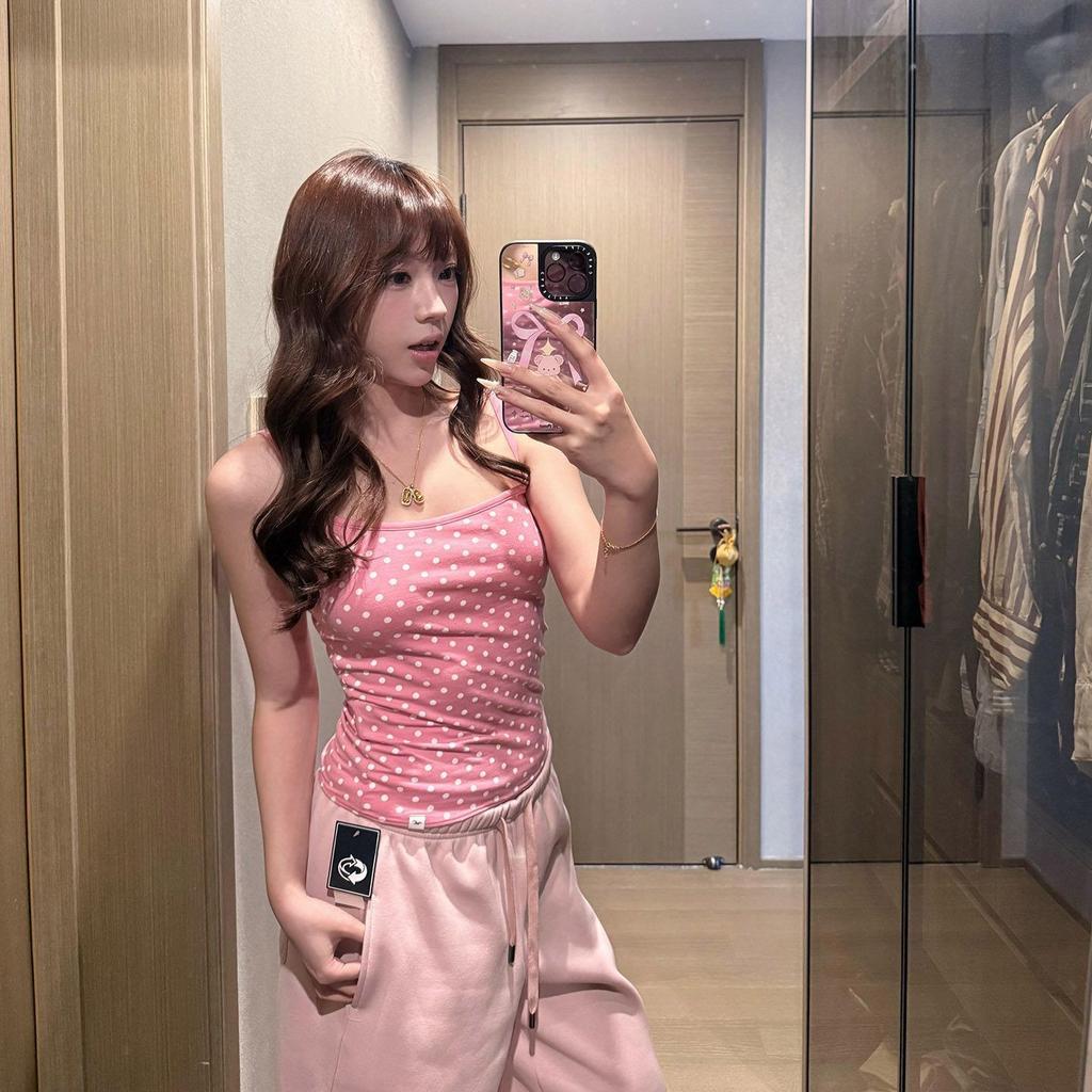 Sweet Spice Girl Pink Polka Dot Small Suspender Vest Women's Summer New Slim Skinny Versatile Good-looking Top Trend