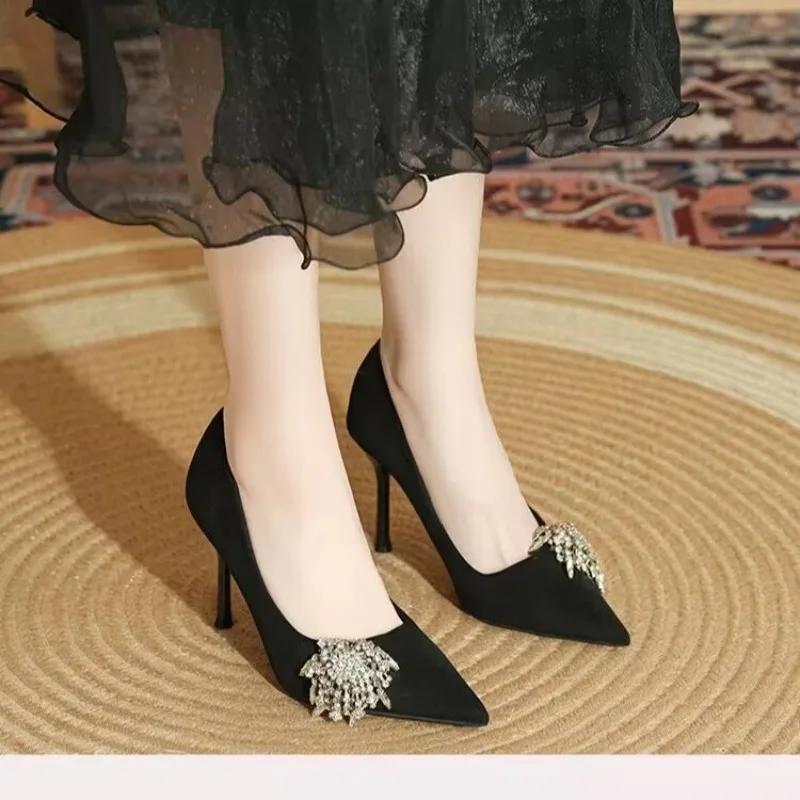Fashion Rhinestone Flower Stiletto Shoes Autumn New Style Pointed Suede Slip-on Non-slip Wear-resistant High Heels