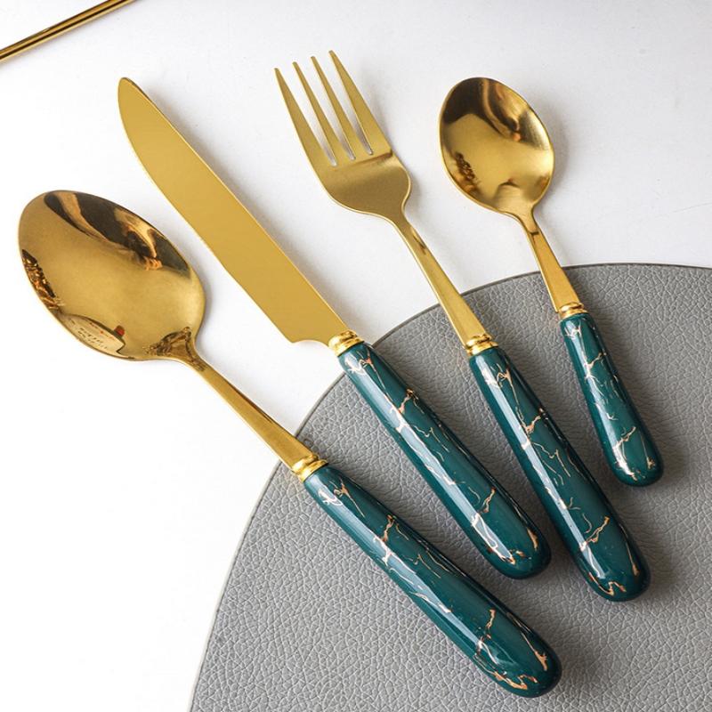 24 Pcs Stainless Steel Cutlery Dark Green Handle Knife Fork Spoon Set Cutlery Set Travel Cutlery Set Flatware Set