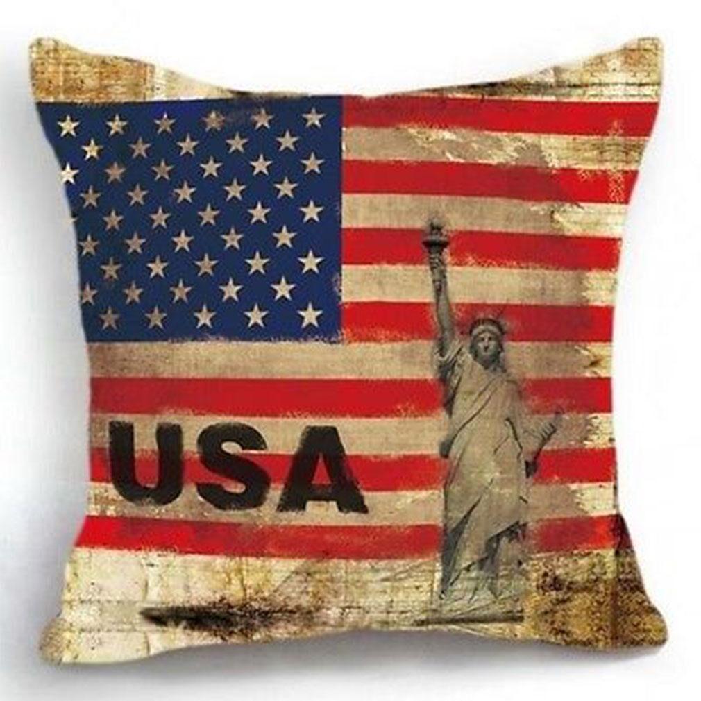 Vintage USA Flag & Statue of Liberty Throw Pillow Cover, Linen Cushion Cover for Patriotic Home Decor