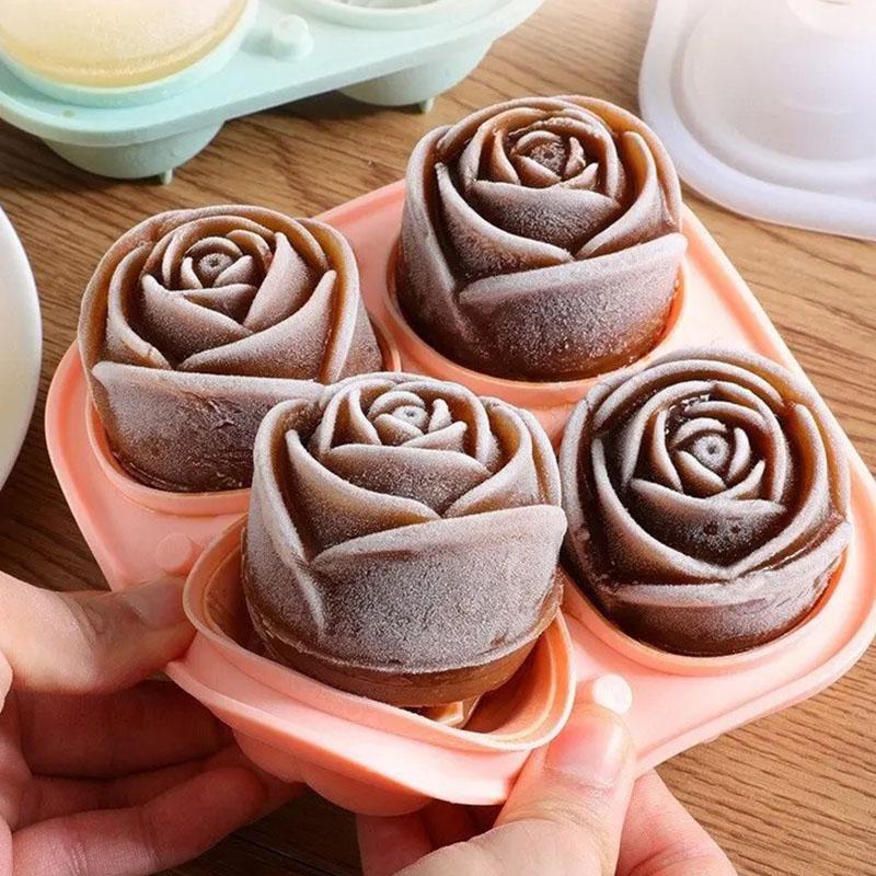 3D Rose Ice Molds 2.5 Inch, Large Ice Cube Trays, Make 4 Giant Cute Flower Shape Ice, Silicone Rubber Fun Big Ice Ball Maker