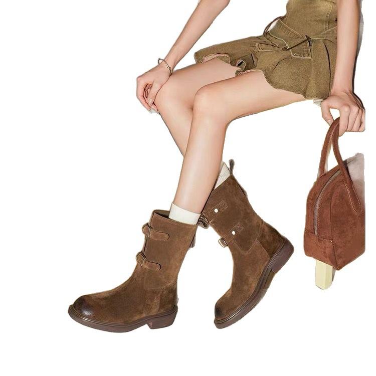 Retro Polished Round Head Belt Buckle Martin Boots Women's 2025 Summer New Thick Heel High Heel Western Cowboy Boots Short Boots