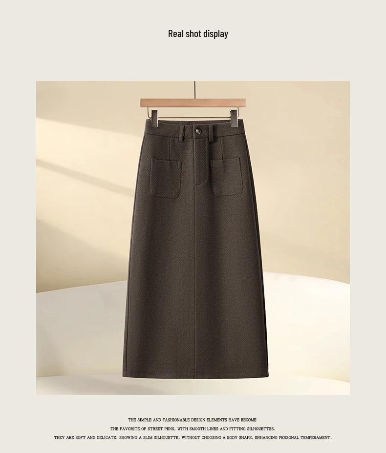 2024 New Women's Khaki Wool A-Line Midi Skirt with High Waist, Loose Fit, Slimming Slit, Perfect for Autumn/Winter.