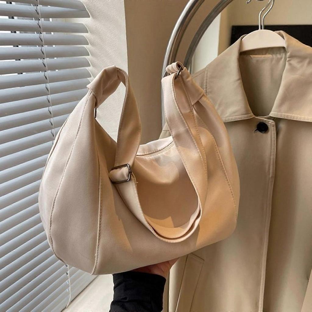 Japanese Harajuku Half Moon Bag with Adjustable Strap Large Capacity Canvas Solid Color Crossbody Shoulder Bag for Unisex  Khaki