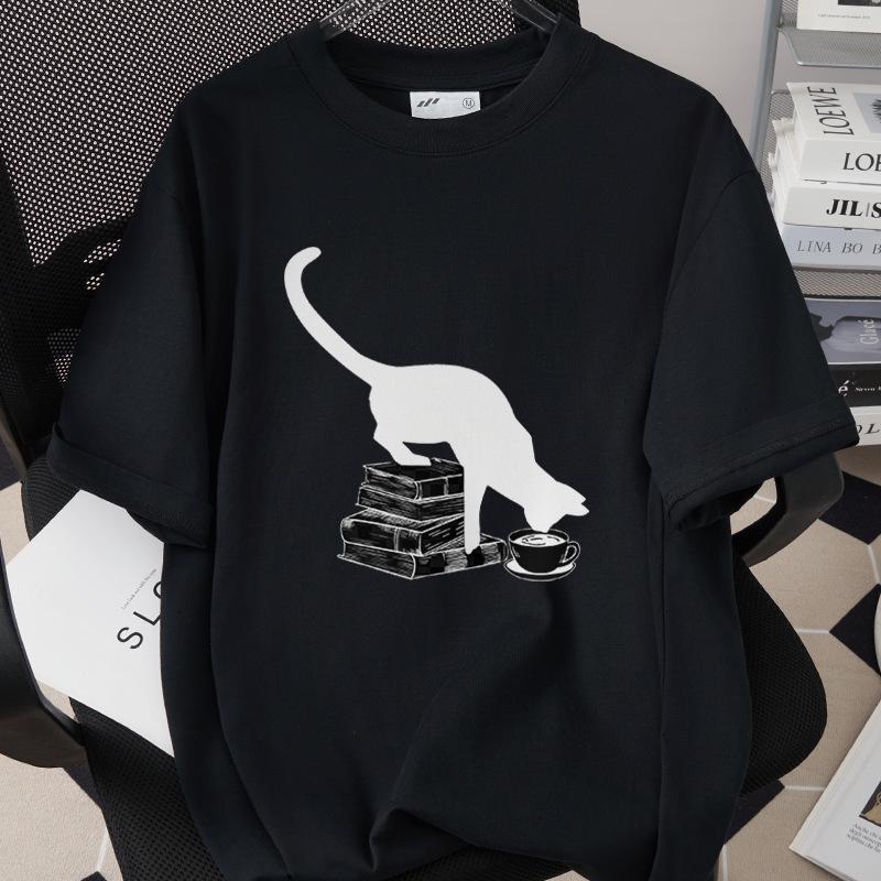 Trendiges Grenzüberschreitendes Katzen-Print-T-Shirt, 260g Reine Baumwolle, Kurzarm, Einfach 1002-45