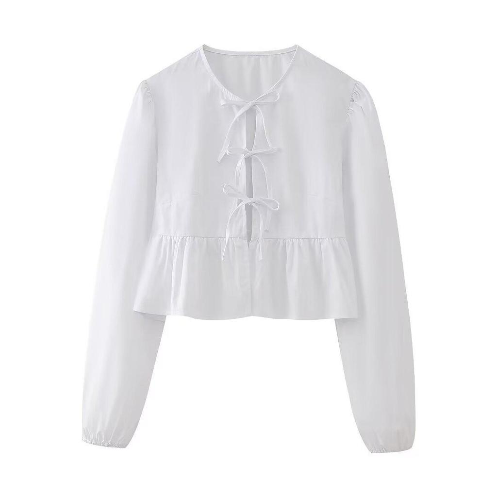 Women's Autumn/Winter Long Sleeve Bow Cardigan T-shirt - Solid Color