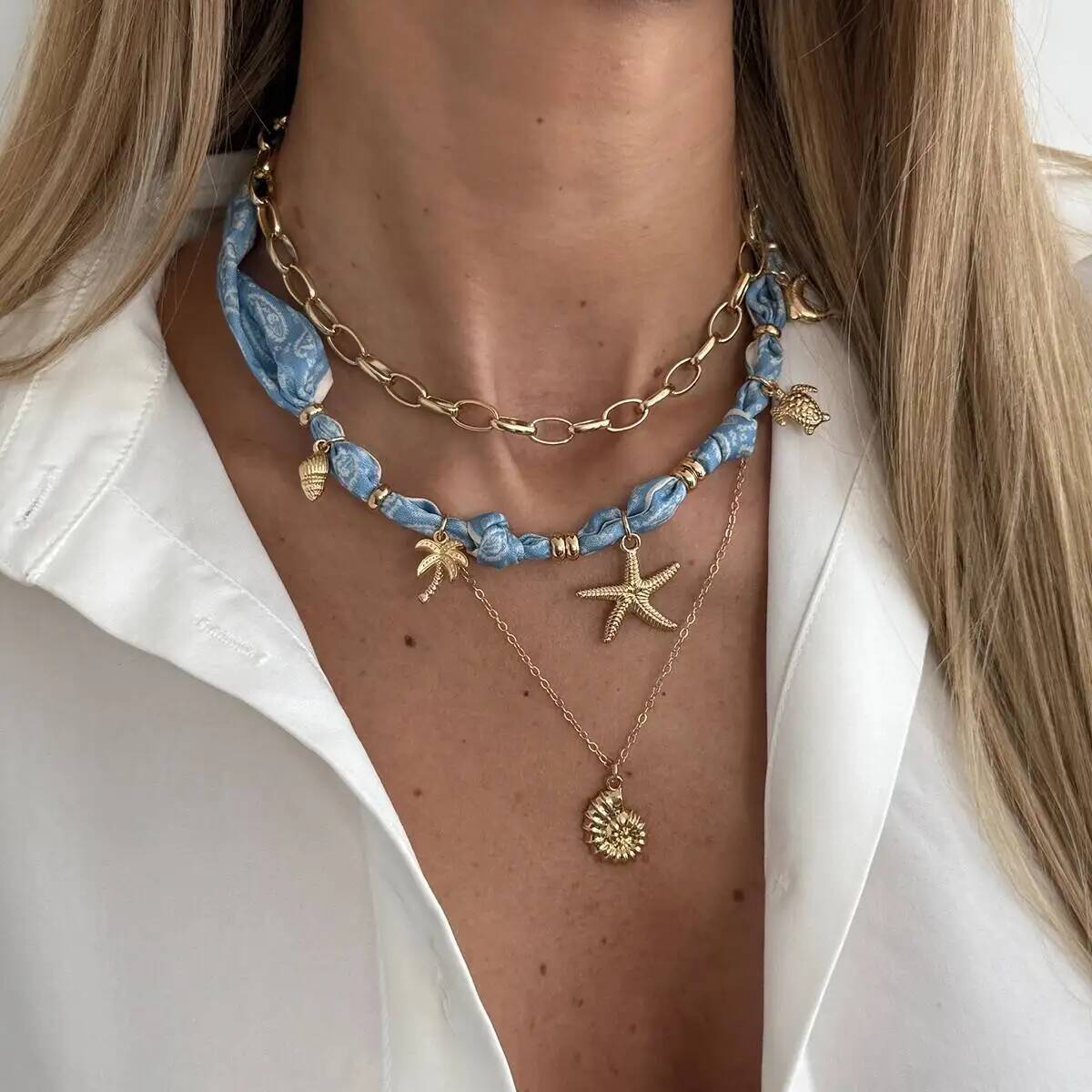 IngeSight.Z 3 Pcs/set Bohemian Conch Starfish Pendant Necklace Women Trendy Rice Bead Link Chain Necklaces Jewelry Accessories