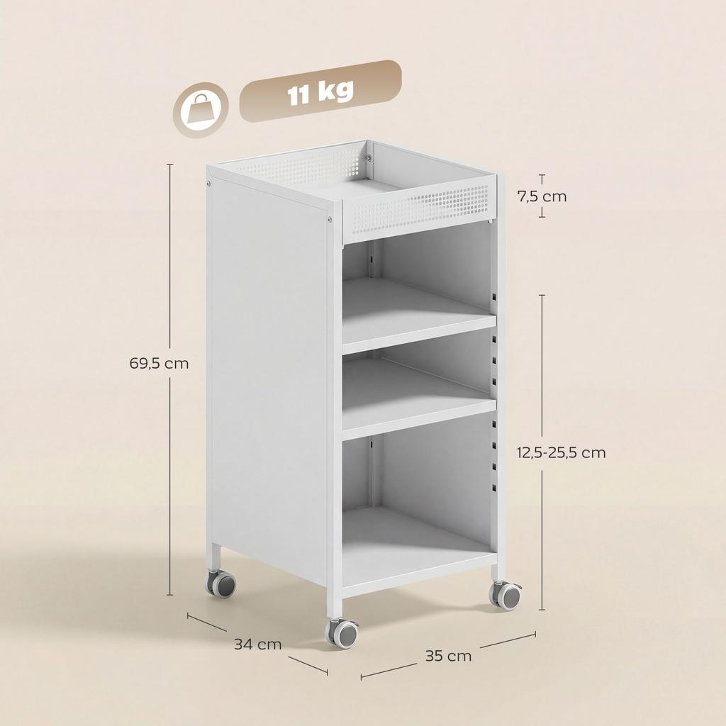 Mobile Bookshelf with Adjustable Shelves, 3-Tier Rolling Cart with Top Basket, White