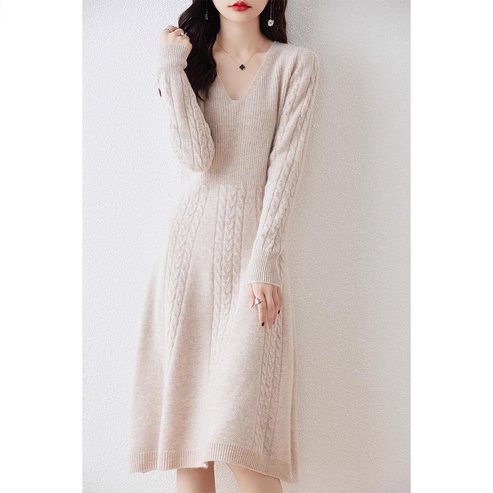 Women's Extra-Long V-Neck 100% Wool Knitted Dress with Thickened Waist-Cinching Skirt - Autumn/Winter Collection