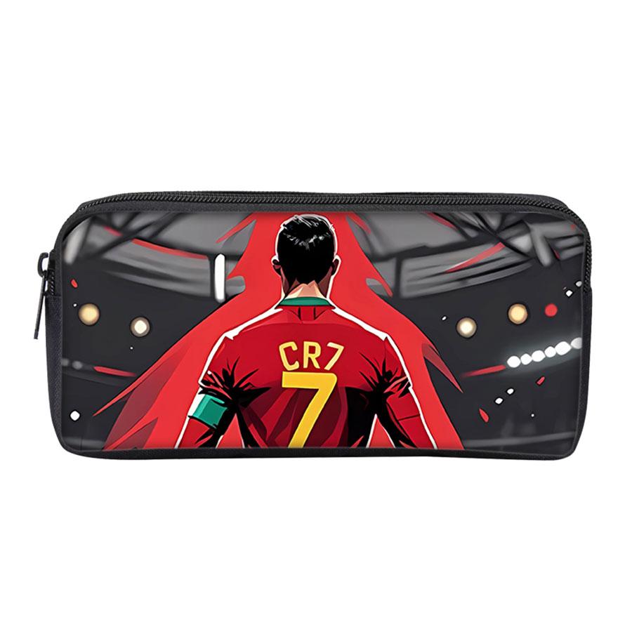 Black Football Star CR7 Pattern Pencil Bag with Zipper Canvas Fabric Stationery Organizer for Schools and Offices