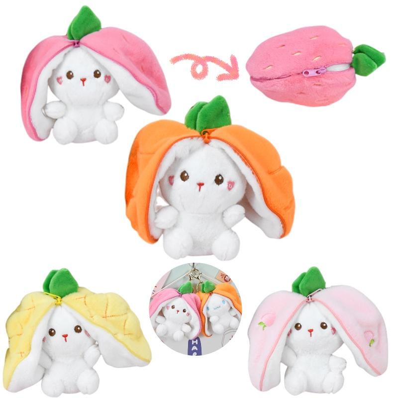 Schattig Aardbeien Konijn Pluche Speelgoed Sleutelhanger Fruit Transformatie Pop Tas Hanger