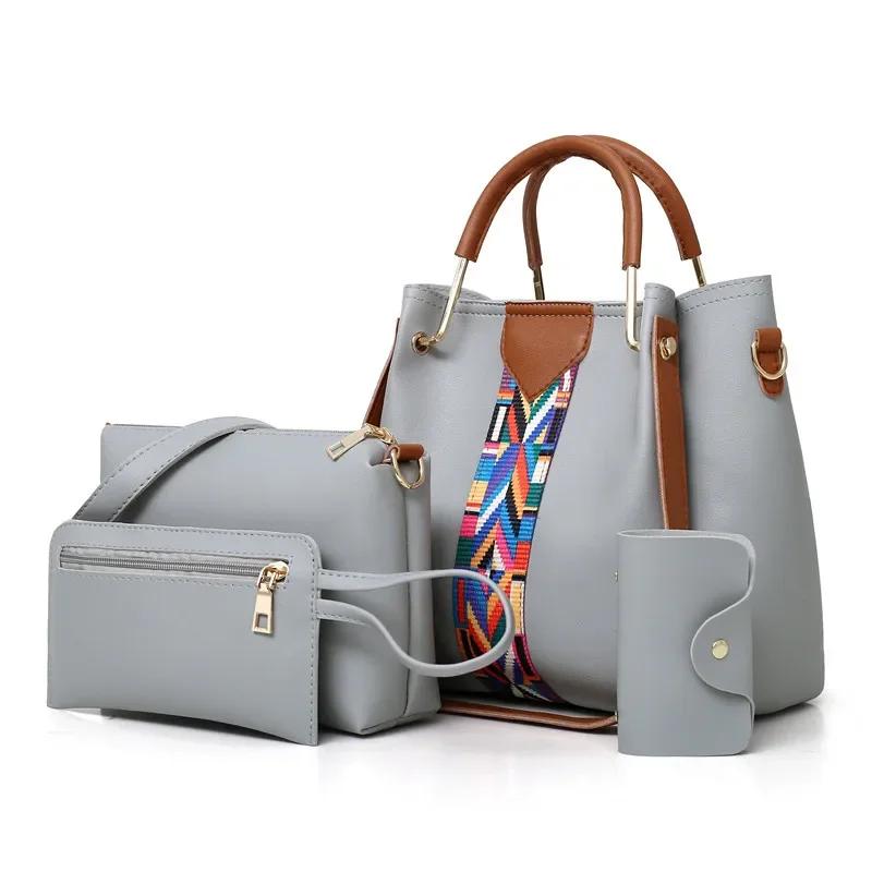 Luxury 4 Pcs Women's Handbag Sets Large Capacity Female Bucket Bag Commuting Leather Shoulder Bag Card Bag Wallet
