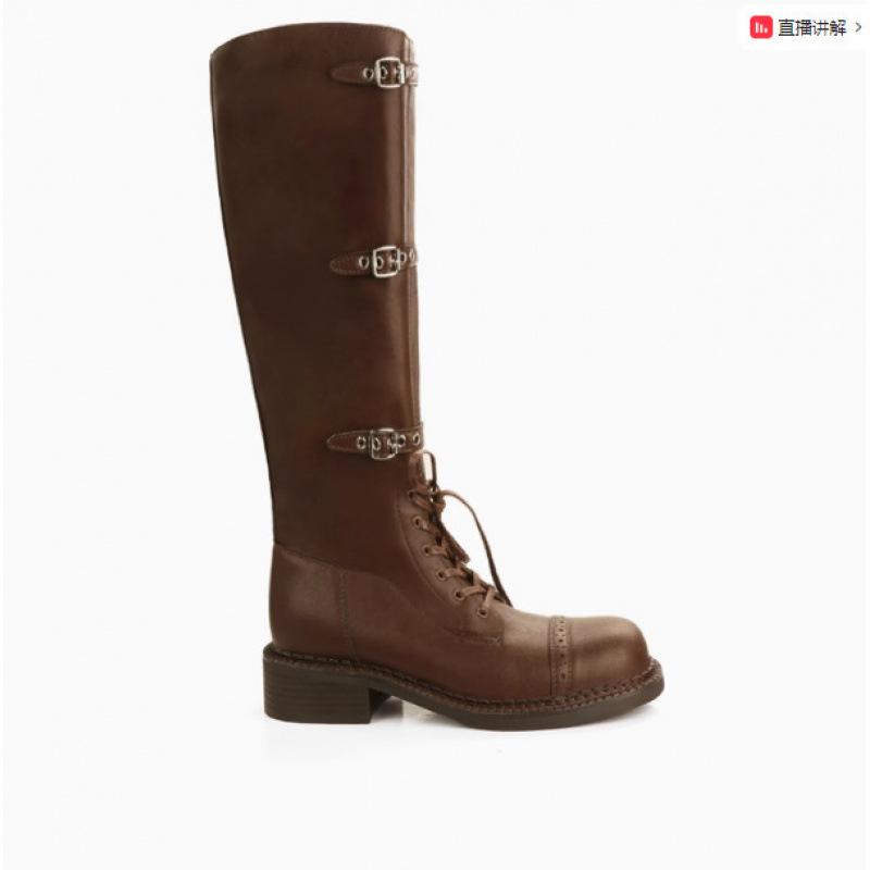 Cowhide Miumiu Genuine Leather Martin Boots Women's Autumn and Winter Maillard Western Boots Thick Heel Medium Tube Retro Short Boots