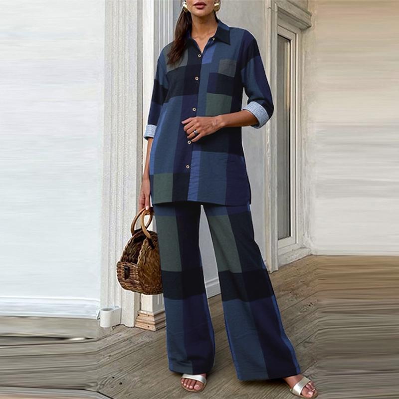 

ZANZEA Женский повседневный комплект из блузки с длинным рукавом и брюк с широкими штанинами с принтом в клетку, состоящий из двух частей 5XL синий