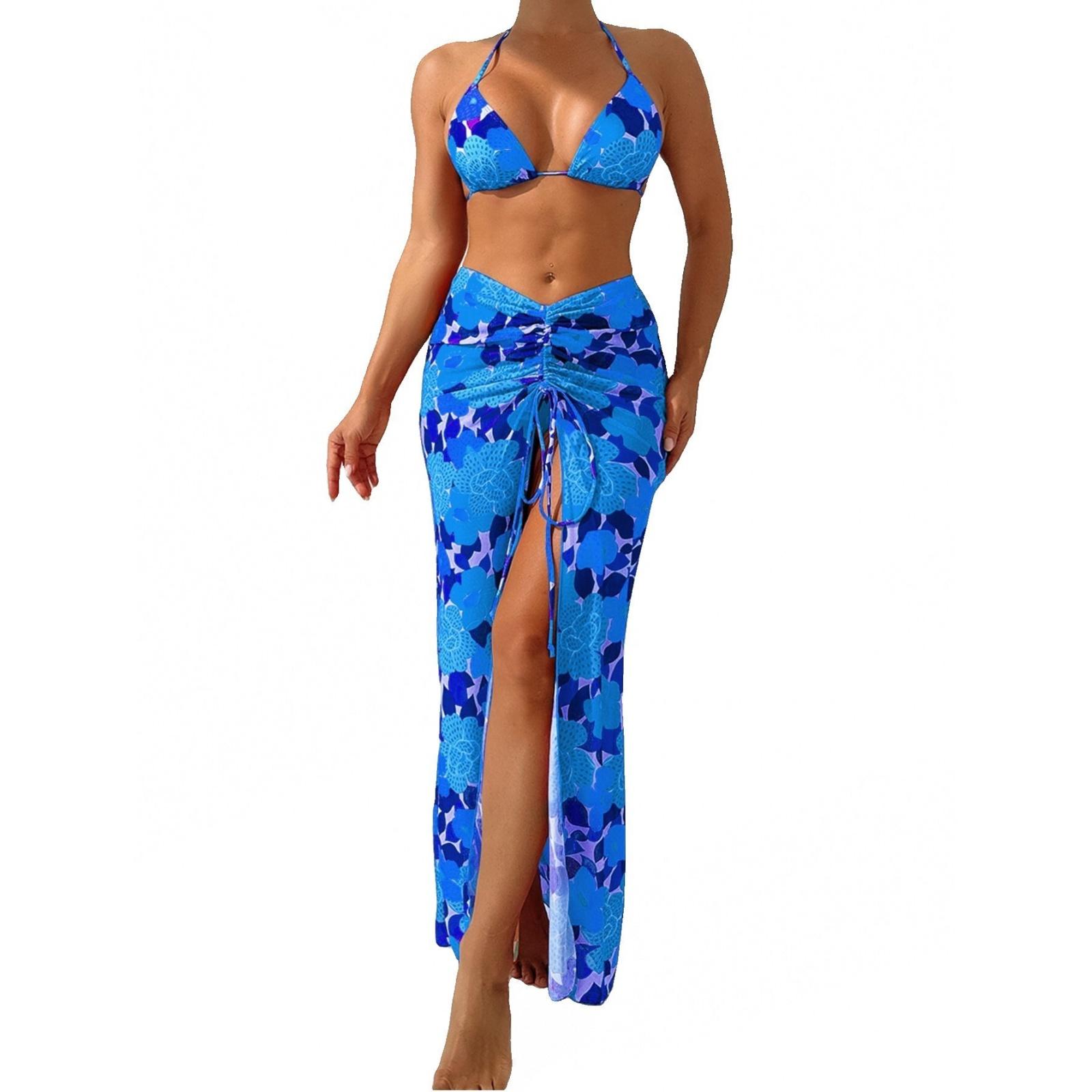 

Модный женский трехсекционный комплект с цветочным принтом, юбка с разрезом, бретели, сексуальный женский раздельный купальник L синий