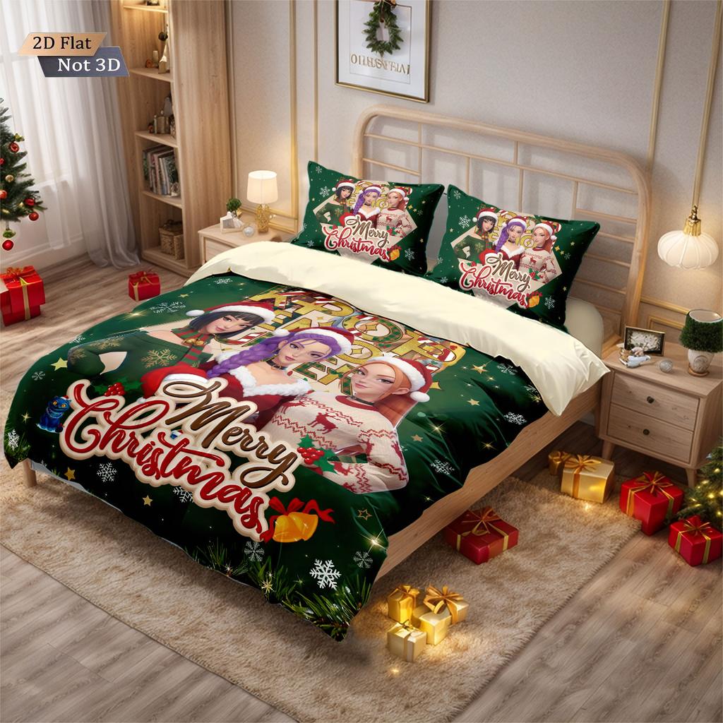 3-teiliges Weihnachten K-Pop Dämonenjäger Bedrucktes Chipless Bettwäscheset Mehrere Größen Schlafzimmer Bettwäsche Dekoration Maschinenwaschbar